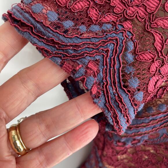 Soprano A-Line Lace Overlay Dress Sz 0 Burgundy Navy Scallop Hem Short Sleeve - Picture 6 of 11